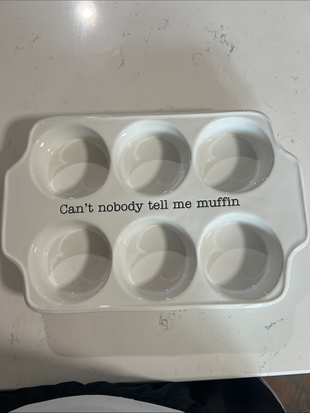 Mud Pie White Ceramic 6-Cup Muffin Baker with Playful Text